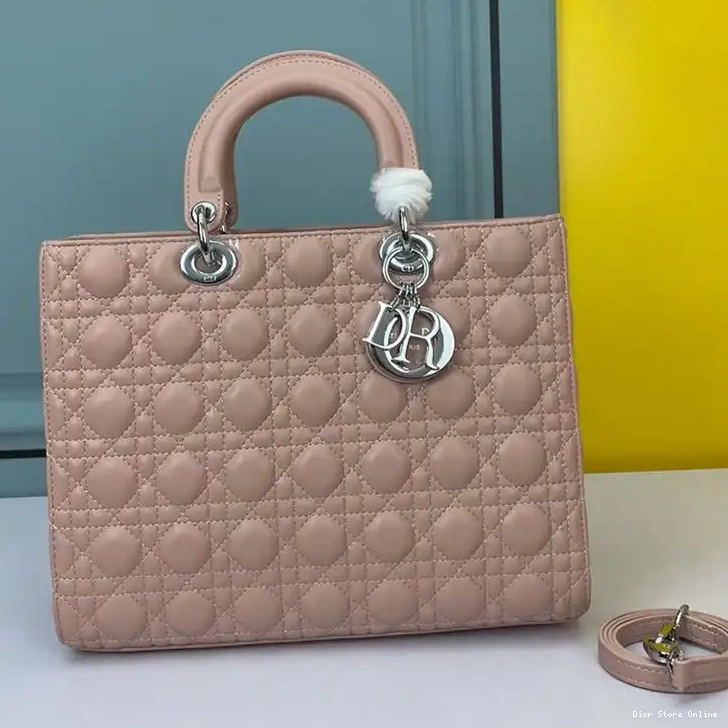 Bag Dior Cannage Lambskin Large Pink Silver Lady 0505 Hot Sale